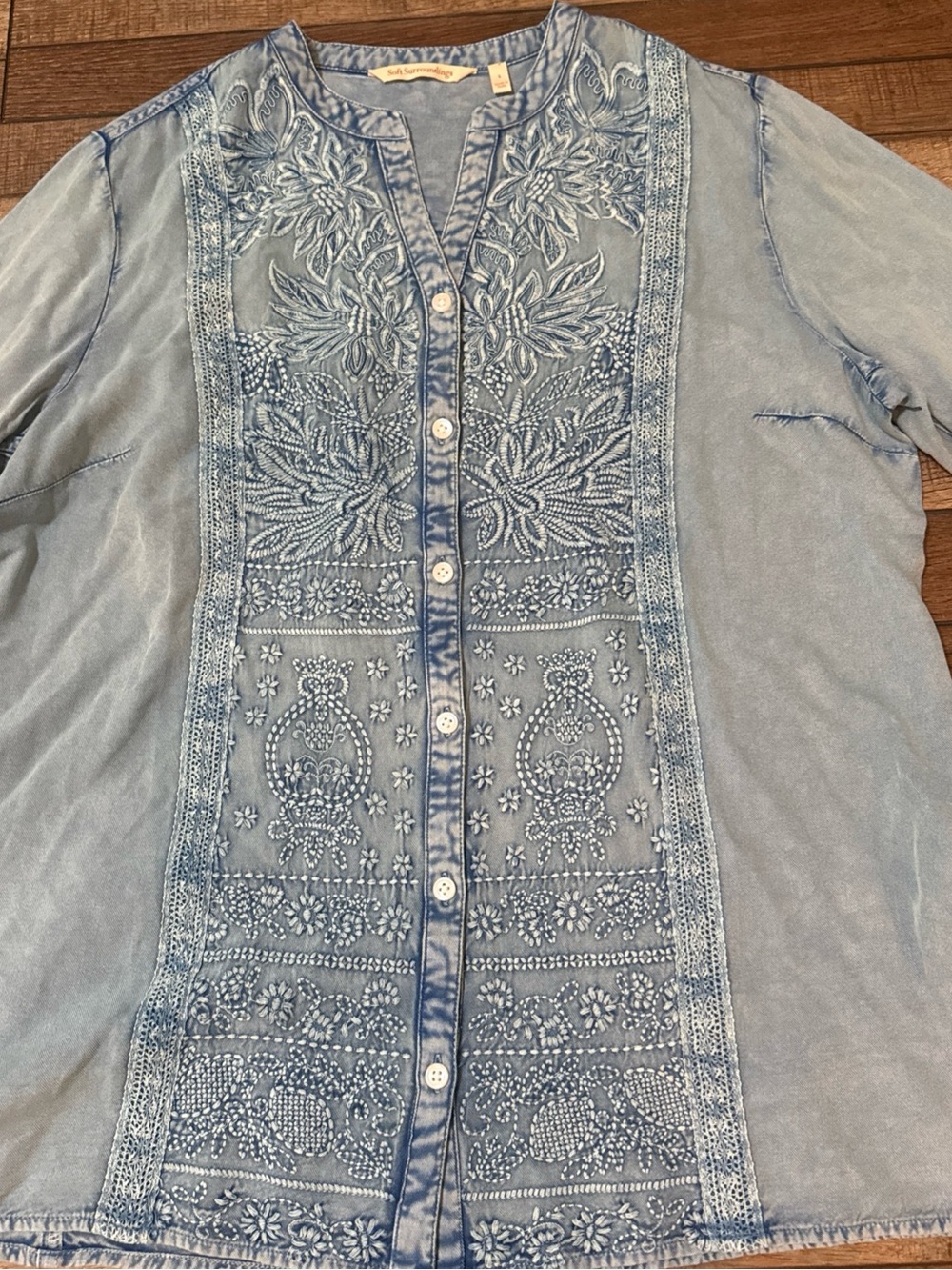 Soft Surroundings Light Blue Embroidered Chambray Denim Shirt - Picture 4 of 12